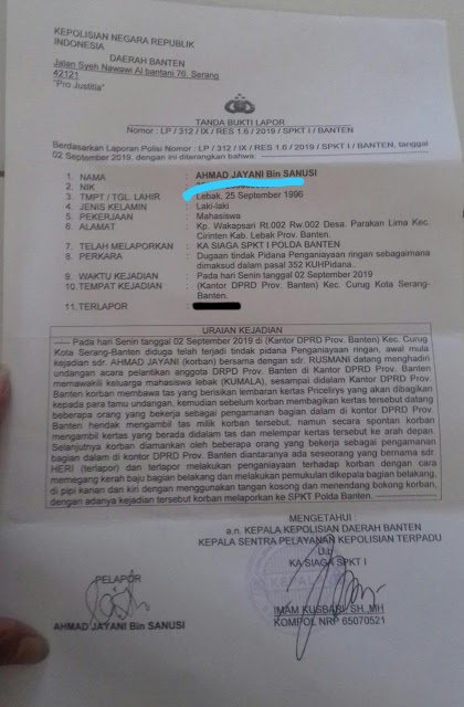 PAMDAL DPRD Banten Dipolisikan Atas Pemukulan Terhadap Mahasiswa KUMALA