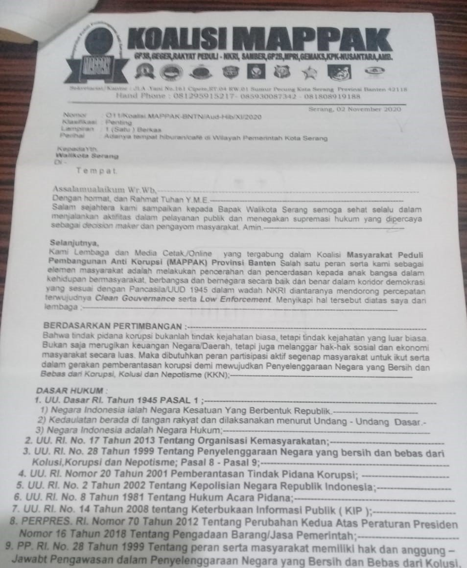 Diduga Walikota Serang Tidak Respon Pada Surat Audensi MAPPAK Terkait THM Kota Serang